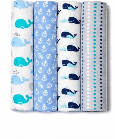 Baby Receiving Blanket 4-Pack, Whale & Boats, 30" x 30" | Soft Cotton Flannel, Breathable, Lightweight, For Boys in Kuwait