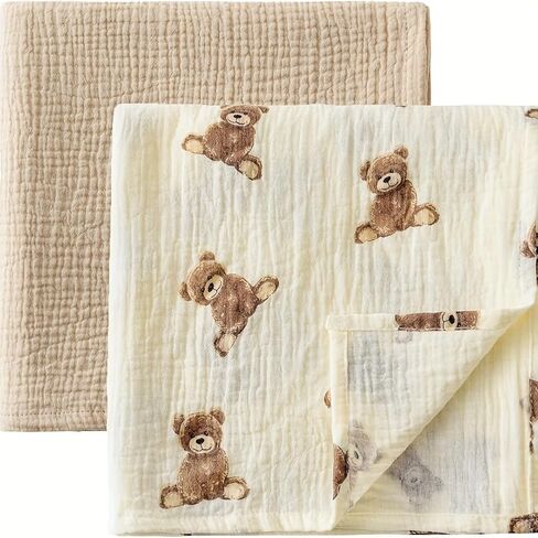 Neutral Unisex Baby Swaddle Blankets - 40" X 40" Large Muslin Receiving Blankets for Boys & Girls, Boho Teddy Bear Nursery Design in Kuwait
