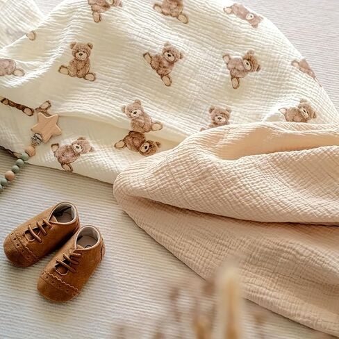 Neutral Unisex Baby Swaddle Blankets - 40" X 40" Large Muslin Receiving Blankets for Boys & Girls, Boho Teddy Bear Nursery Design in Kuwait