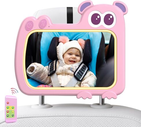 2-in-1 Baby Car Mirror with Lights & Soft Sounds, Cry Detector, Clear Night View, 360° Rotation, Shatterproof, Rear Facing Baby Car Seat Mirror with Remote Control, Perfect Baby Shower Gifts (Pink) in Kuwait