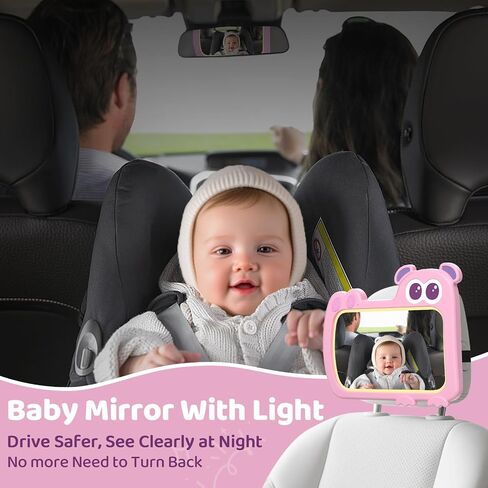 2-in-1 Baby Car Mirror with Lights & Soft Sounds, Cry Detector, Clear Night View, 360° Rotation, Shatterproof, Rear Facing Baby Car Seat Mirror with Remote Control, Perfect Baby Shower Gifts (Pink) in Kuwait