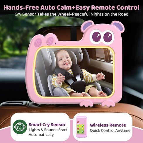 2-in-1 Baby Car Mirror with Lights & Soft Sounds, Cry Detector, Clear Night View, 360° Rotation, Shatterproof, Rear Facing Baby Car Seat Mirror with Remote Control, Perfect Baby Shower Gifts (Pink) in Kuwait