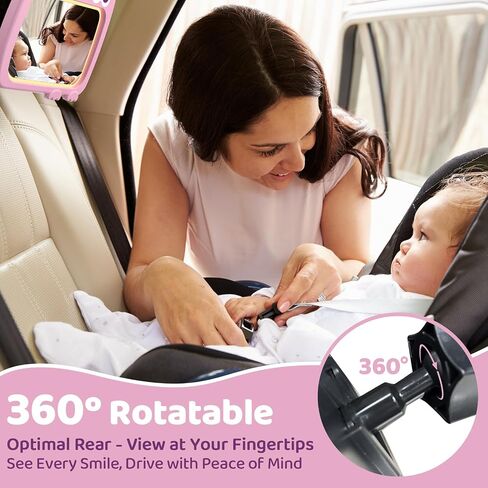 2-in-1 Baby Car Mirror with Lights & Soft Sounds, Cry Detector, Clear Night View, 360° Rotation, Shatterproof, Rear Facing Baby Car Seat Mirror with Remote Control, Perfect Baby Shower Gifts (Pink) in Kuwait