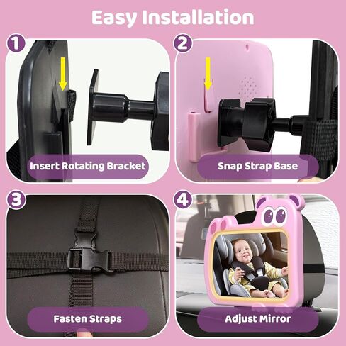 2-in-1 Baby Car Mirror with Lights & Soft Sounds, Cry Detector, Clear Night View, 360° Rotation, Shatterproof, Rear Facing Baby Car Seat Mirror with Remote Control, Perfect Baby Shower Gifts (Pink) in Kuwait