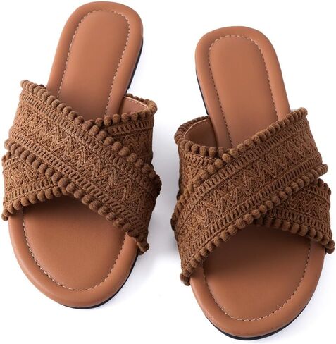 Mtzyoa Women Crisscross Flat Sandals with Pom Pom Trim, Woven Macrame Design, Open Toe Slip On Summer Slides in Kuwait
