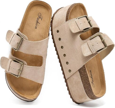 Zenithra Women's Platform Slides Sandals with Arch Support, Platform Clogs Sandal with Comfort Cork Footbed Casual Summer Double Buckles Beach Platform Slide Mules for Outdoor in Kuwait