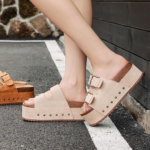 Zenithra Women's Platform Slides Sandals with Arch Support, Platform Clogs Sandal with Comfort Cork Footbed Casual Summer Double Buckles Beach Platform Slide Mules for Outdoor in Kuwait