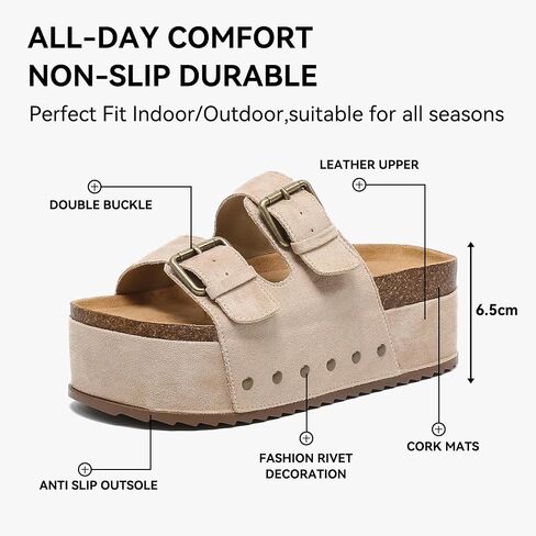 Zenithra Women's Platform Slides Sandals with Arch Support, Platform Clogs Sandal with Comfort Cork Footbed Casual Summer Double Buckles Beach Platform Slide Mules for Outdoor in Kuwait