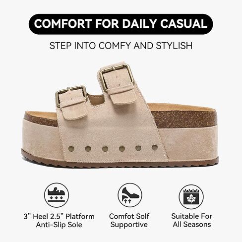 Zenithra Women's Platform Slides Sandals with Arch Support, Platform Clogs Sandal with Comfort Cork Footbed Casual Summer Double Buckles Beach Platform Slide Mules for Outdoor in Kuwait