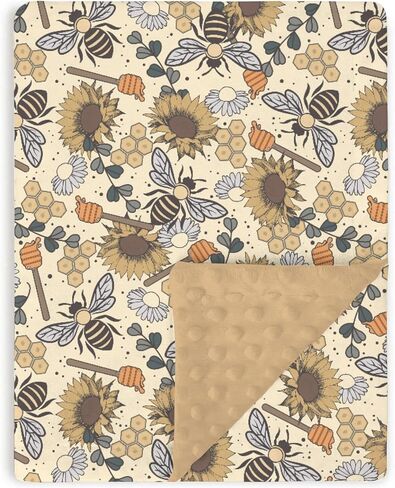 Retro Boho Brown Baby Blanket for Girls 30 x 40, Soft Double Layer Minky Blanket Dotted Fleece Back, Nursery Bed Receiving Quilt Newborn Infant Toddler Shower Gift Fall Autumn Sunflower Bee in Kuwait