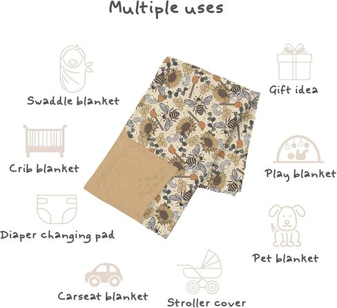 Retro Boho Brown Baby Blanket for Girls 30 x 40, Soft Double Layer Minky Blanket Dotted Fleece Back, Nursery Bed Receiving Quilt Newborn Infant Toddler Shower Gift Fall Autumn Sunflower Bee in Kuwait