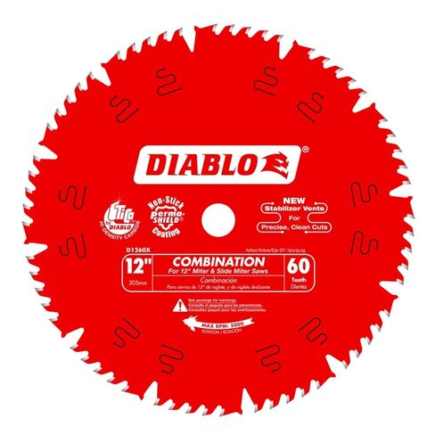 Diablo Combination Saw Blade for Wood - 12" Diameter, 60 Comb Teeth, 1" Arbor, .118" Kerf, 15-Degree Hook Angle, .071" Plate, 6,000 Max RPM - D1260X in Kuwait