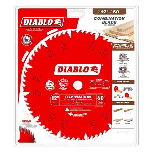 Diablo Combination Saw Blade for Wood - 12" Diameter, 60 Comb Teeth, 1" Arbor, .118" Kerf, 15-Degree Hook Angle, .071" Plate, 6,000 Max RPM - D1260X in Kuwait