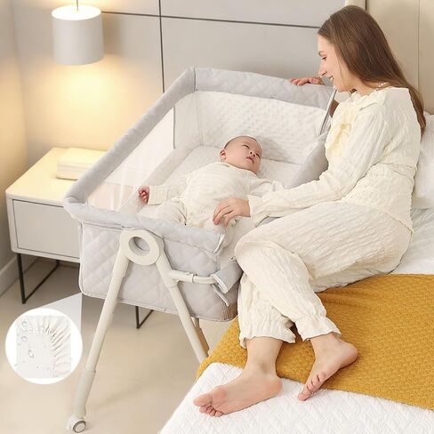 Baby Bassinet Bedside Sleeper - Height Adjustable Bassinet with Crib Sheet | Easy to Clean, Stable Bedside Crib with Wheels, Carry Bag and Comfy Mattress, Grey Bassinet for Infant/Newborn, MinoBub in Kuwait