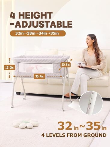 Baby Bassinet Bedside Sleeper - Height Adjustable Bassinet with Crib Sheet | Easy to Clean, Stable Bedside Crib with Wheels, Carry Bag and Comfy Mattress, Grey Bassinet for Infant/Newborn, MinoBub in Kuwait