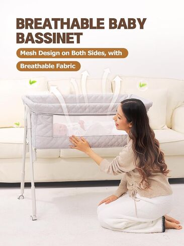 Baby Bassinet Bedside Sleeper - Height Adjustable Bassinet with Crib Sheet | Easy to Clean, Stable Bedside Crib with Wheels, Carry Bag and Comfy Mattress, Grey Bassinet for Infant/Newborn, MinoBub in Kuwait