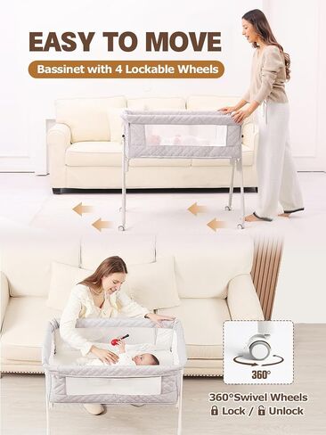 Baby Bassinet Bedside Sleeper - Height Adjustable Bassinet with Crib Sheet | Easy to Clean, Stable Bedside Crib with Wheels, Carry Bag and Comfy Mattress, Grey Bassinet for Infant/Newborn, MinoBub in Kuwait