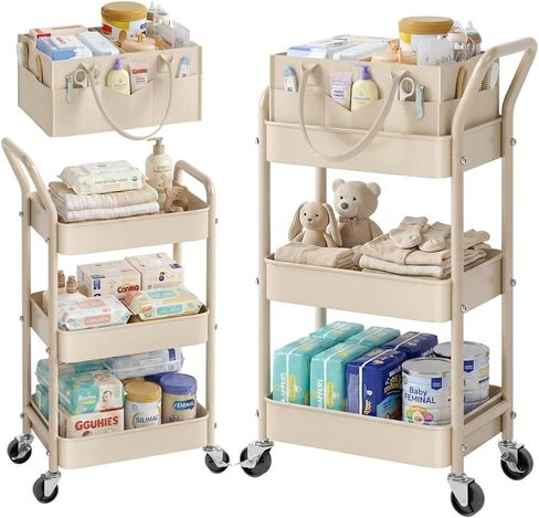 Baby Diaper Caddy Organizer Cart with Detachable Dividers, 3 Tier Metal Bedside Storage Rolling Cart with Wheels for Nursery, Postpartum Cart and Organizers for Newborn Essentials & Supplies (Oatmeal) in Kuwait