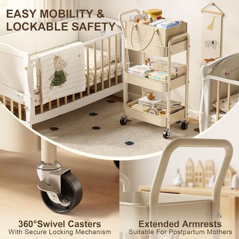 Baby Diaper Caddy Organizer Cart with Detachable Dividers, 3 Tier Metal Bedside Storage Rolling Cart with Wheels for Nursery, Postpartum Cart and Organizers for Newborn Essentials & Supplies (Oatmeal) in Kuwait
