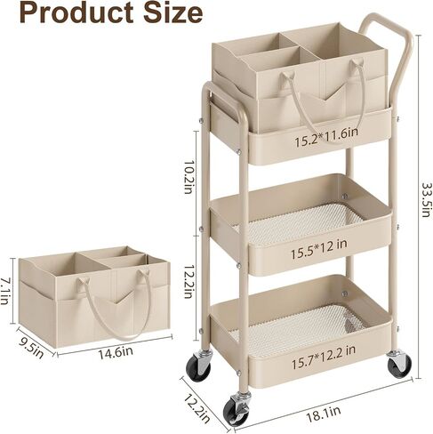 Baby Diaper Caddy Organizer Cart with Detachable Dividers, 3 Tier Metal Bedside Storage Rolling Cart with Wheels for Nursery, Postpartum Cart and Organizers for Newborn Essentials & Supplies (Oatmeal) in Kuwait