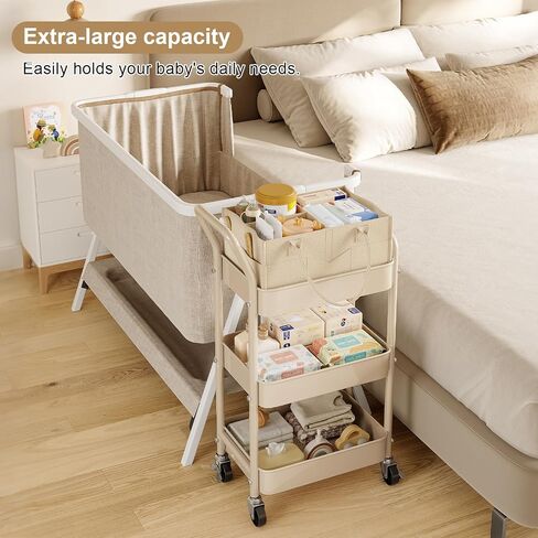 Baby Diaper Caddy Organizer Cart with Detachable Dividers, 3 Tier Metal Bedside Storage Rolling Cart with Wheels for Nursery, Postpartum Cart and Organizers for Newborn Essentials & Supplies (Oatmeal) in Kuwait