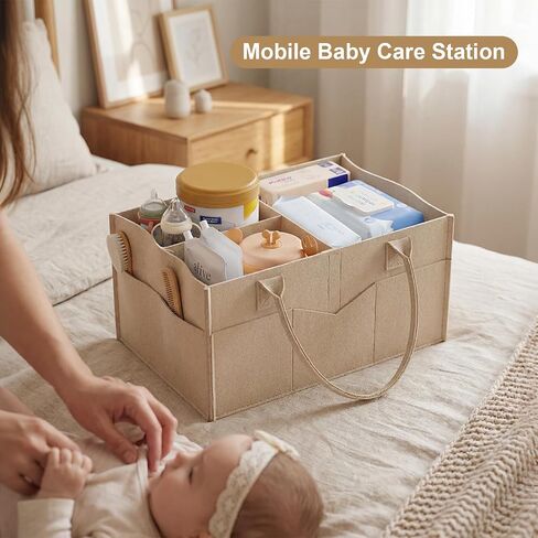 Baby Diaper Caddy Organizer Cart with Detachable Dividers, 3 Tier Metal Bedside Storage Rolling Cart with Wheels for Nursery, Postpartum Cart and Organizers for Newborn Essentials & Supplies (Oatmeal) in Kuwait
