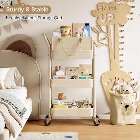 Baby Diaper Caddy Organizer Cart with Detachable Dividers, 3 Tier Metal Bedside Storage Rolling Cart with Wheels for Nursery, Postpartum Cart and Organizers for Newborn Essentials & Supplies (Oatmeal) in Kuwait