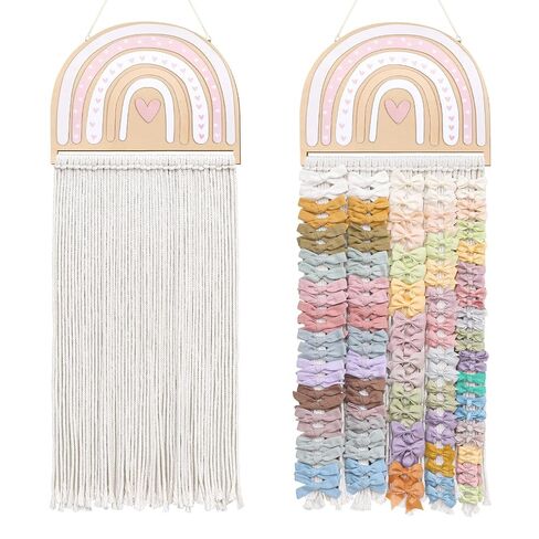 POVETIRE Headband Holder Bow Organizer for Girls Hair Bows | Rainbow Wood Print Board Hair Accessories Organizer Storage Sturdy Braided Rope Durable Hooks Nursery Toddler Room Decor in Kuwait