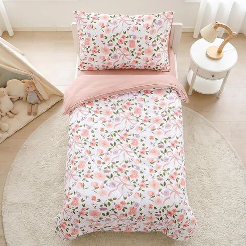 TANOFAR Floral Toddler Bedding Set for Girls, 4 Pieces Soft Microfiber Crib Bed Set Including Reversible Comforter, Fitted Sheet, Flat Sheet and Pillowcase, Pink Bow in Kuwait