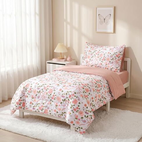 TANOFAR Floral Toddler Bedding Set for Girls, 4 Pieces Soft Microfiber Crib Bed Set Including Reversible Comforter, Fitted Sheet, Flat Sheet and Pillowcase, Pink Bow in Kuwait