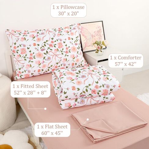 TANOFAR Floral Toddler Bedding Set for Girls, 4 Pieces Soft Microfiber Crib Bed Set Including Reversible Comforter, Fitted Sheet, Flat Sheet and Pillowcase, Pink Bow in Kuwait
