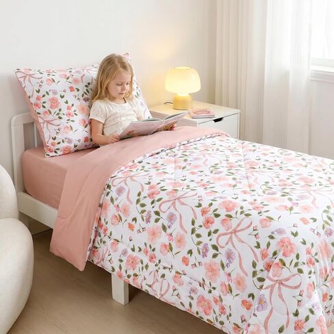 TANOFAR Floral Toddler Bedding Set for Girls, 4 Pieces Soft Microfiber Crib Bed Set Including Reversible Comforter, Fitted Sheet, Flat Sheet and Pillowcase, Pink Bow in Kuwait