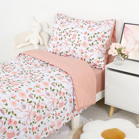 TANOFAR Floral Toddler Bedding Set for Girls, 4 Pieces Soft Microfiber Crib Bed Set Including Reversible Comforter, Fitted Sheet, Flat Sheet and Pillowcase, Pink Bow in Kuwait