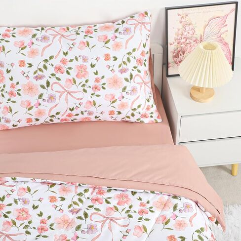 TANOFAR Floral Toddler Bedding Set for Girls, 4 Pieces Soft Microfiber Crib Bed Set Including Reversible Comforter, Fitted Sheet, Flat Sheet and Pillowcase, Pink Bow in Kuwait