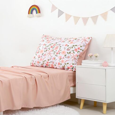 TANOFAR Floral Toddler Bedding Set for Girls, 4 Pieces Soft Microfiber Crib Bed Set Including Reversible Comforter, Fitted Sheet, Flat Sheet and Pillowcase, Pink Bow in Kuwait