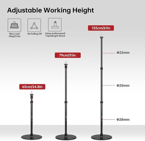 YP-300 Light Stand, 61" Monopod for Camera, LED Light, Heavy Duty Aluminum Alloy 28mm Tubes Metal Round Base with 1/4" Screw, 3/8" Screw & Light Mount Adapter Studio Stage in Kuwait