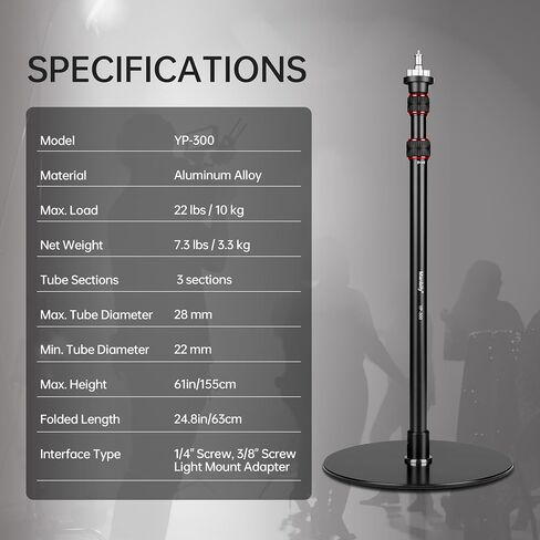 YP-300 Light Stand, 61" Monopod for Camera, LED Light, Heavy Duty Aluminum Alloy 28mm Tubes Metal Round Base with 1/4" Screw, 3/8" Screw & Light Mount Adapter Studio Stage in Kuwait