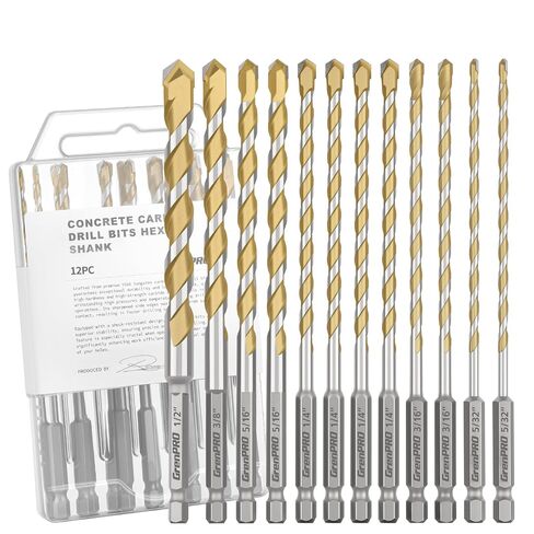 GRENPRO Concrete Drill Bit Set, 12Pcs 5/32"-1/2" Masonry Drill Bits | Industrial Carbide Drill Bits, Shockproof Hex Shank Drill Bit Set for Cement/Porcelain Tile/Brick/Class/Plastic in Kuwait