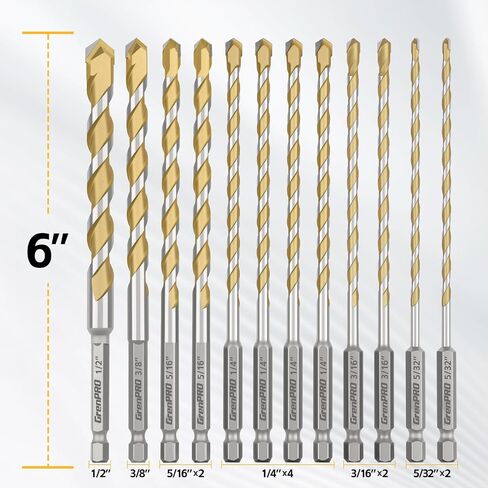 GRENPRO Concrete Drill Bit Set, 12Pcs 5/32"-1/2" Masonry Drill Bits | Industrial Carbide Drill Bits, Shockproof Hex Shank Drill Bit Set for Cement/Porcelain Tile/Brick/Class/Plastic in Kuwait