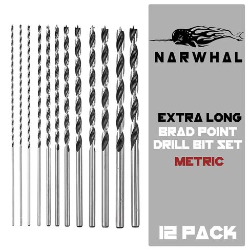 Extra Long Brad Point Drill Bit Set for Wood (12 Pack) 12 Inch Length in 1/8", 5/32", 3/16", 1/4", 5/16" 3/8", 7/16", and 1/2" for Precision Splinter Free Drilling - Includes Storage Sleeve in Kuwait