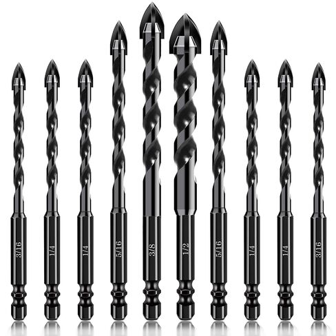 HPHOPE 1/4" Masonry Drill Bit Set 10Pcs, Professional 1/4" Hex Shank Concrete Drill Bits for Glass/Brick/Cement/Tile/Etc, Industrial Strength Carbide Cross Drill Bit Tips in Kuwait
