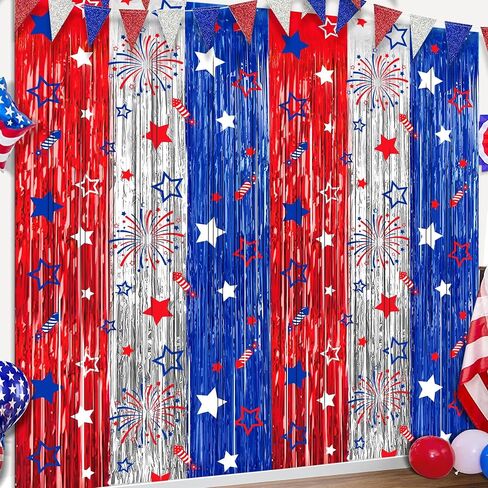 4th of July Party Decorations Foil Fringe Curtains Photo Backdrop | 2 Pack 3.3 x 6.6 FT Fourth of July Star Firework Patriotic Streamers for Memorial Day Independence Day Labor Day in Kuwait