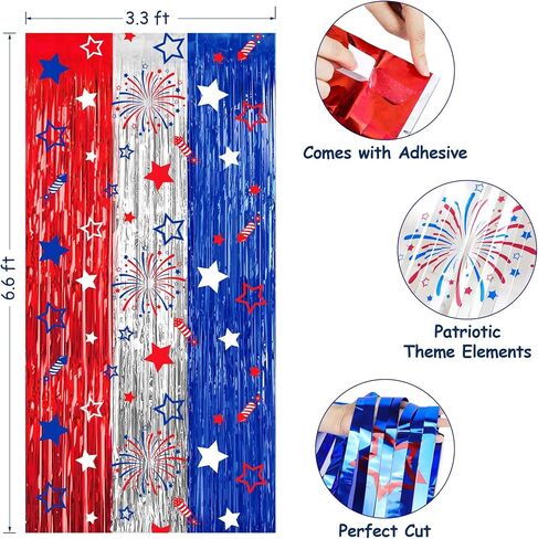 4th of July Party Decorations Foil Fringe Curtains Photo Backdrop | 2 Pack 3.3 x 6.6 FT Fourth of July Star Firework Patriotic Streamers for Memorial Day Independence Day Labor Day in Kuwait