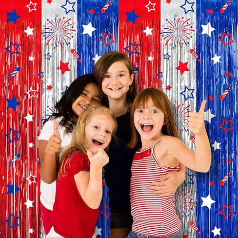 4th of July Party Decorations Foil Fringe Curtains Photo Backdrop | 2 Pack 3.3 x 6.6 FT Fourth of July Star Firework Patriotic Streamers for Memorial Day Independence Day Labor Day in Kuwait