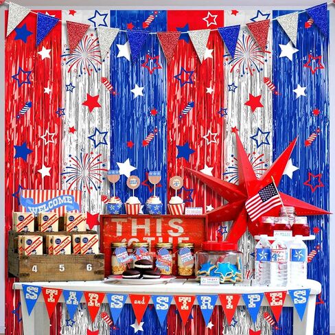 4th of July Party Decorations Foil Fringe Curtains Photo Backdrop | 2 Pack 3.3 x 6.6 FT Fourth of July Star Firework Patriotic Streamers for Memorial Day Independence Day Labor Day in Kuwait