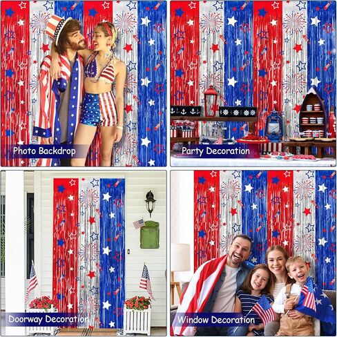 4th of July Party Decorations Foil Fringe Curtains Photo Backdrop | 2 Pack 3.3 x 6.6 FT Fourth of July Star Firework Patriotic Streamers for Memorial Day Independence Day Labor Day in Kuwait