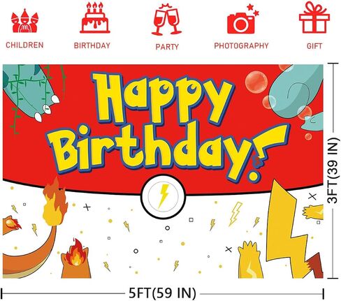 Birthday Party Decorations Backdrop Banner | 5X3Ft Yellow Lightning Themed Happy Birthday Banner Red White Yellow Background Photo Booth Props for Party Decor Supplies in Kuwait
