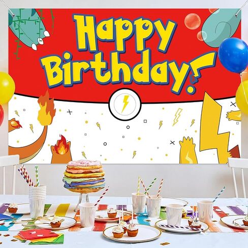 Birthday Party Decorations Backdrop Banner | 5X3Ft Yellow Lightning Themed Happy Birthday Banner Red White Yellow Background Photo Booth Props for Party Decor Supplies in Kuwait