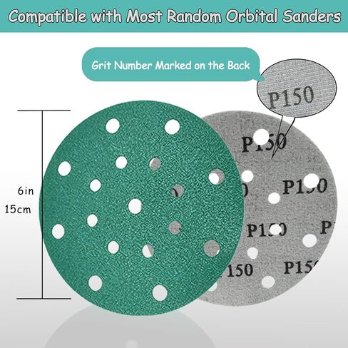60Pcs 6 Inch 17 Hole Zirconia Hook & Loop Sanding Discs Assortment - 80 120 150 180 220 320 Grit Waterproof Sandpaper, Heavy-Duty Polyester Film Backing, Wet Dry Anti-Clog Orbital Sanders Sandpaper in Kuwait