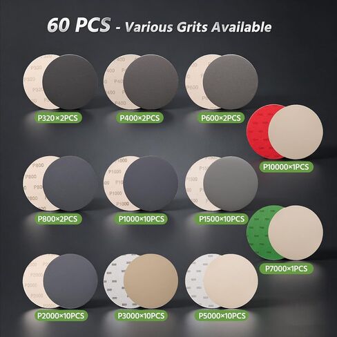 60 Pcs 6 Inch Wet Dry Sanding Discs Hook and Loop, 320 400 600 800 1000 1500 2000 3000 5000 Grit Waterproof Sandpaper for Random Orbital Sander, Automotive Wood Metal Sanding and Polishing in Kuwait